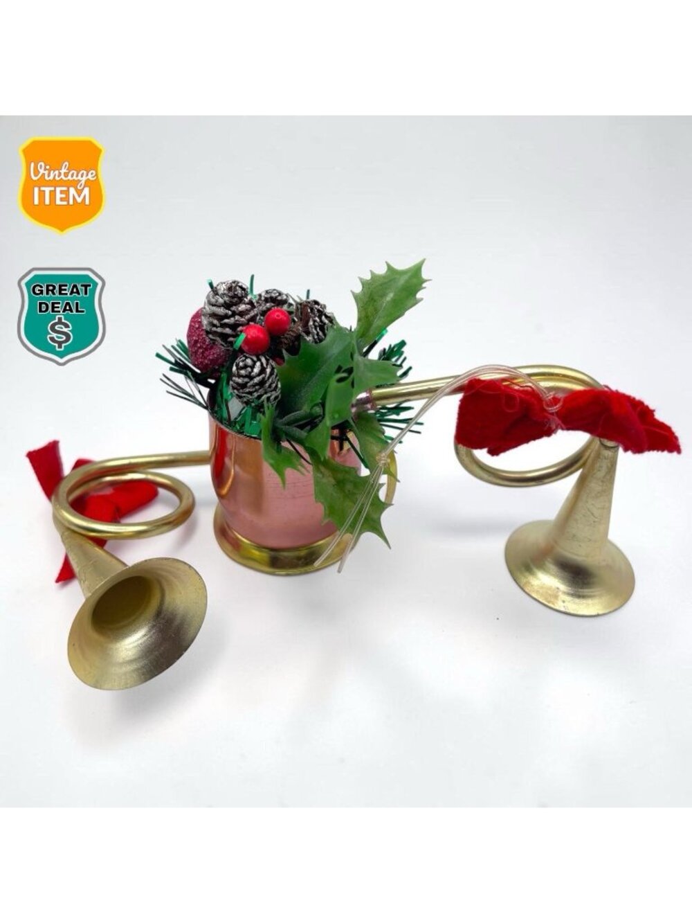 Lot of 3 Ornaments. 2 Brass & Gold Tone French Horns & Christmas Holiday Bucket